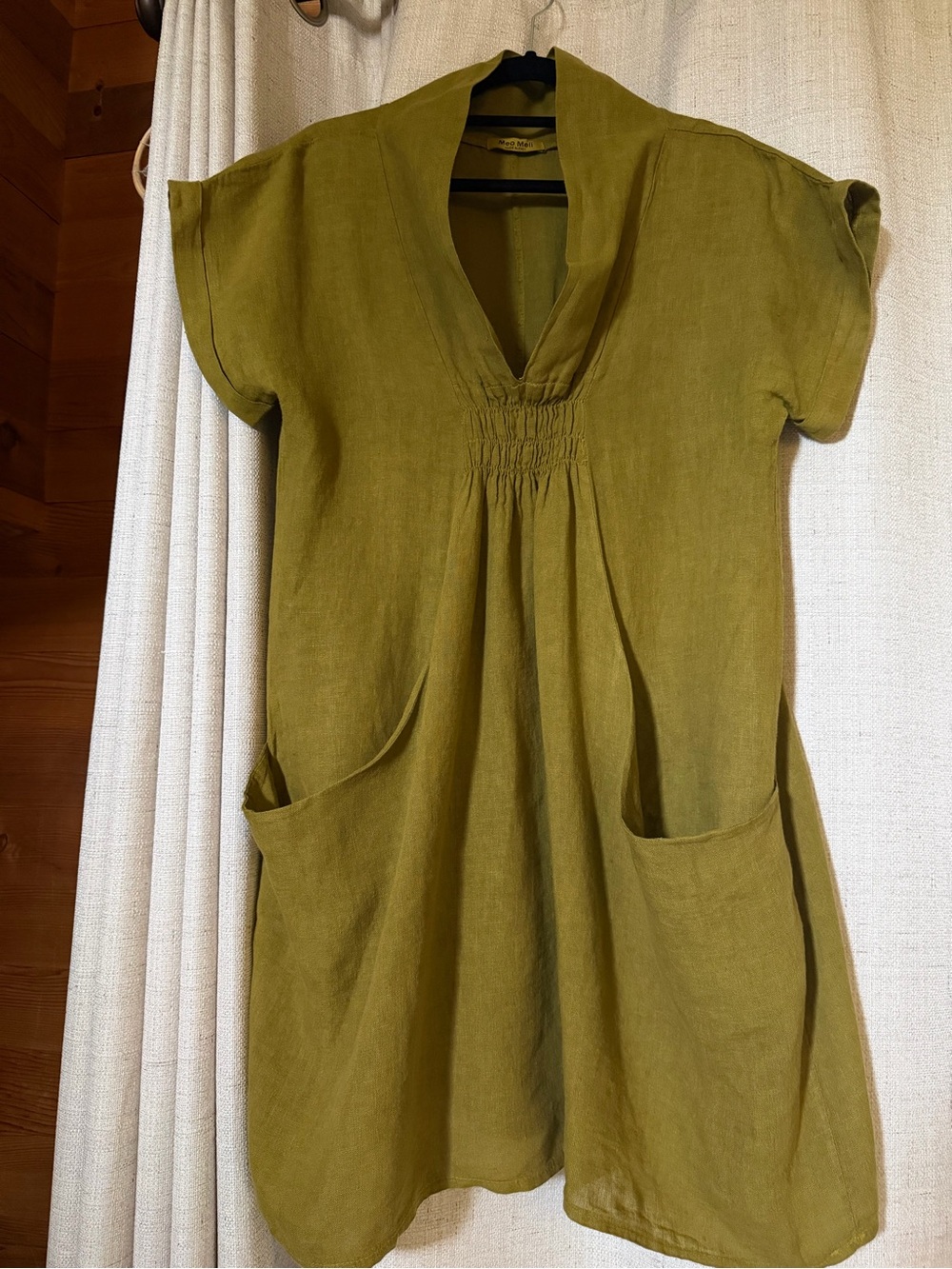 Olive Green V-Neck Short Sleeve Linen Dress with Pockets